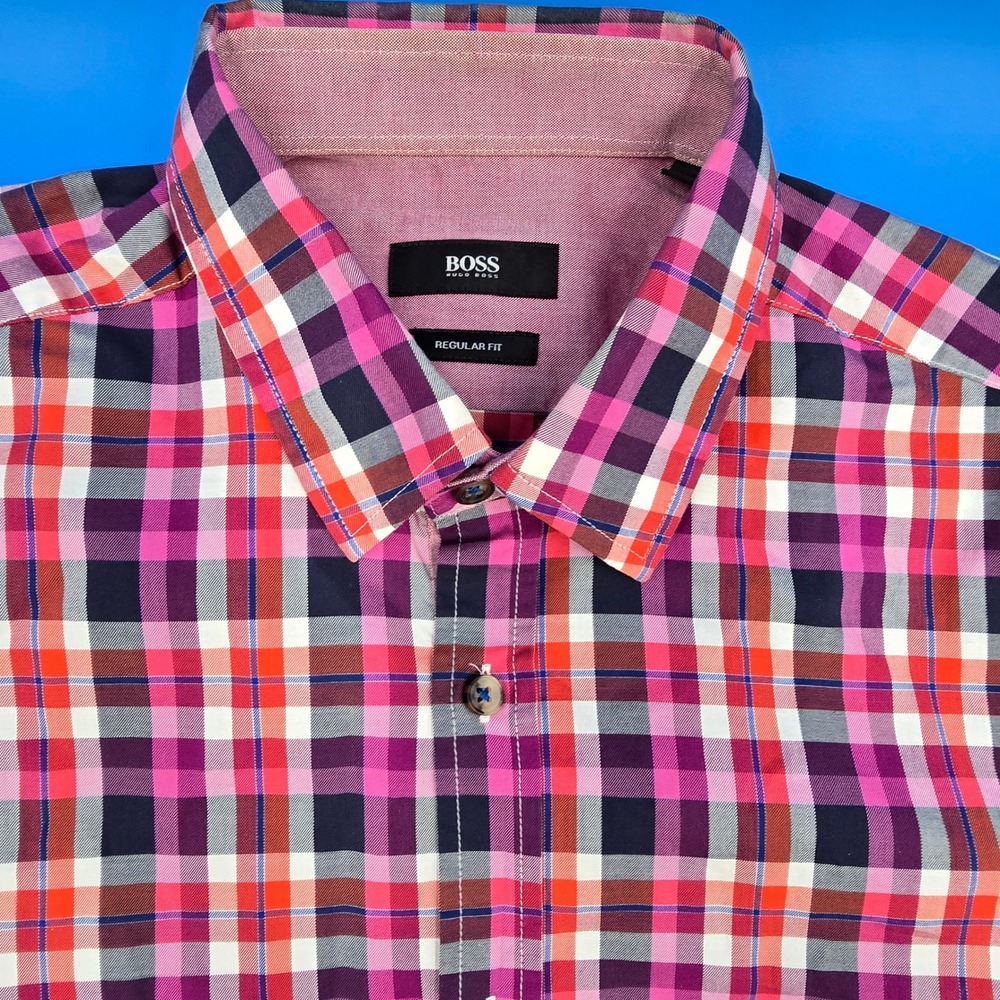 Hugo Boss‎ Lucas_11 Mens Medium Regular Fit Plaid Button Down Shirt Pink Purple